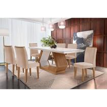 Conjunto: Mesa Sala Jantar Alvorada Tampo Madeirado c/ Vidro Canto Reto 180x90cm e 6 Cadeiras Amsterdã Imbuia/Off White - Suede Creme - Rufato
