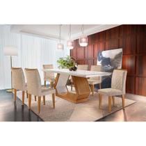 Conjunto: Mesa Sala Jantar Alvorada Tampo Madeirado c/ Vidro Canto Reto 180x90cm e 6 Cadeiras Jade Imbuia/Off White - Linho Turim - Rufato