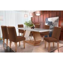 Conjunto: Mesa Sala Jantar Alvorada Tampo Madeirado c/ Vidro Canto Reto 180x90cm e 6 Cadeiras Jade Imbuia/Off White - Suede Marrom - Rufato