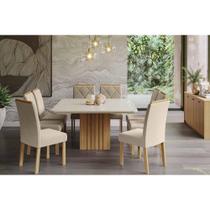 Conjunto: Mesa Sala Jantar Ana Tampo Madeirado c/ Vidro 130x130cm e 8 Cadeiras Fernanda Cinamomo/Off White - Carvalho/Linho Bege - Cimol