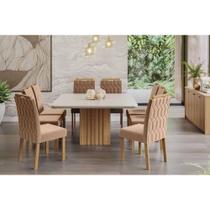 Conjunto: Mesa Sala Jantar Ana Tampo Madeirado c/ Vidro 130x130cm e 8 Cadeiras Paola Cinamomo/Off White - Carvalho/Suede Nude Bege - Cimol Conjunto: Mesa Sala Jantar Ana Tampo Madeirado c/ Vidro 130x130cm e 8 Cadeiras Paola Cinamomo/Off White - Carvalho/Suede Nude Bege - Cimol