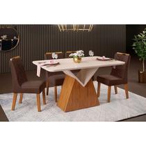 Conjunto: Mesa Sala Jantar Argo c/ Tampo Madeirado c/ Vidro Curvo 136x90cm e 4 Cadeiras Stela Freijo/Off White - Suede Moca - DJ Móveis Conjunto: Mesa Sala Jantar Argo c/ Tampo Madeirado c/ Vidro Curvo 136x90cm e 4 Cadeiras Stela Freijo/Off White - Suede Moca - DJ Móveis