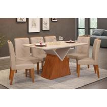 Conjunto: Mesa Sala Jantar Argo c/ Tampo Madeirado c/ Vidro Curvo 136x90cm e 6 Cadeiras Yasmim Freijo/Off White - Suede Kraft - DJ Móveis