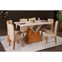 Conjunto: Mesa Sala Jantar Argo c/ Tampo Madeirado c/ Vidro Curvo 136x90cm e 6 Cadeiras Zoe Freijo/Off White - Suede Creme - DJ Móveis Conjunto: Mesa Sala Jantar Argo c/ Tampo Madeirado c/ Vidro Curvo 136x90cm e 6 Cadeiras Zoe Freijo/Off White - Suede Creme - DJ Móveis