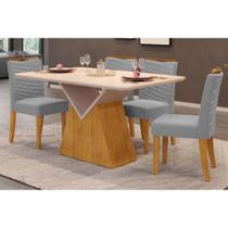 Conjunto: Mesa Sala Jantar Argo Tampo Madeirado c/ Vidro Curvo 136x90cm e 4 Cadeiras Julia Cedro/Off White - Suede Lunar - DJ Móveis Conjunto: Mesa Sala Jantar Argo Tampo Madeirado c/ Vidro Curvo 136x90cm e 4 Cadeiras Julia Cedro/Off White - Suede Lunar - DJ Móveis