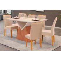 Conjunto: Mesa Sala Jantar Argo Tampo Madeirado c/ Vidro Curvo 136x90cm e 6 Cadeiras Zoe Freijo/Off White - Suede Creme - DJ Móveis