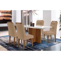 Conjunto: Mesa Sala Jantar Berlim c/ Tampo Madeirado c/ Vidro Canto Curvo 120x80cm e 4 Cadeiras Imperatriz Imbuia/Off White - Suede Capuccino - Rufato