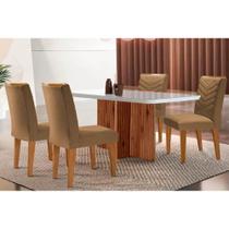 Conjunto: Mesa Sala Jantar Berlim c/ Tampo Madeirado c/ Vidro Canto Curvo 120x80cm e 4 Cadeiras Londrina Imbuia/Off White - Suede Capuccino - Rufato