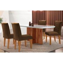 Conjunto: Mesa Sala Jantar Berlim c/ Tampo Madeirado c/ Vidro Canto Curvo 120x80cm e 4 Cadeiras Londrina Imbuia/Off White - Suede Marrom - Rufato Conjunto: Mesa Sala Jantar Berlim c/ Tampo Madeirado c/ Vidro Canto Curvo 120x80cm e 4 Cadeiras Londrina Imbuia/Off White - Suede Marrom - Rufato