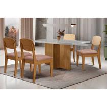 Conjunto: Mesa Sala Jantar Berlim Curvo 120cm + 4 Cadeiras Havana Naturale/Off White - Linho Capuccino - Rufato