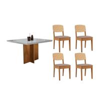 Conjunto: Mesa Sala Jantar Berlim Curvo 90cm + 4 Cadeiras Havana Naturale/Off White - Linho Capuccino - Rufato