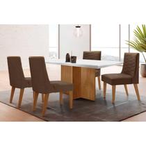 Conjunto: Mesa Sala Jantar Berlim Tampo c/ Vidro Curvo 90cm+4 Cadeiras Maldivas Madeira Naturale/Off White - Capuccino/Suede Marrom - Rufato