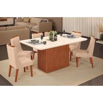 Conjunto: Mesa Sala Jantar Canes c/ Tampo Madeirado c/ Vidro Curvo 170x90cm e 6 Cadeiras Bia Freijo/Off White - Suede Kraft - DJ Móveis