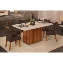 Conjunto: Mesa Sala Jantar Canes c/ Tampo Madeirado c/ Vidro Curvo 170x90cm e 6 Cadeiras Stela Freijo/Off White - Ipe/Suede Moca - DJ Móveis