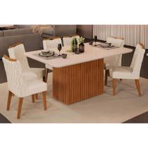 Conjunto: Mesa Sala Jantar Canes Tampo Madeirado c/ Vidro Curvo 170x90cm e 6 Cadeiras Bia Freijo/Off White - Linho Neve - DJ Móveis