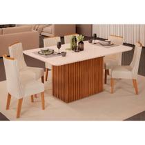 Conjunto: Mesa Sala Jantar Canes Tampo Madeirado c/ Vidro Curvo 170x90cm e 6 Cadeiras Jade Freijo/Off White - Linho Neve - DJ Móveis