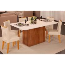 Conjunto: Mesa Sala Jantar Canes Tampo Madeirado c/ Vidro Curvo 170x90cm e 6 Cadeiras Julia Cedro/Off White - Linho Neve - DJ Móveis
