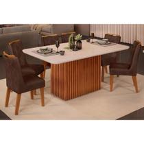Conjunto: Mesa Sala Jantar Canes Tampo Madeirado c/ Vidro Curvo 170x90cm e 6 Cadeiras Stela Freijo/Off White - Ipe/Suede Moca - DJ Móveis
