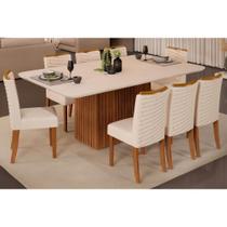 Conjunto: Mesa Sala Jantar Canes Tampo Madeirado c/ Vidro Curvo 200x100cm e 8 Cadeiras Julia Freijo/Off White - Linho Neve - DJ Móveis