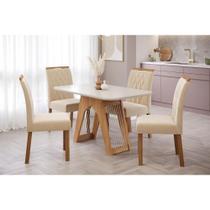 Conjunto: Mesa Sala Jantar Carol c/ Tampo Madeirado c/ Vidro 130cm + 4 Cadeiras Juliana Nature/Off White/Madeira/Nude - Cimol Conjunto: Mesa Sala Jantar Carol c/ Tampo Madeirado c/ Vidro 130cm + 4 Cadeiras Juliana Nature/Off White/Madeira/Nude - Cimol