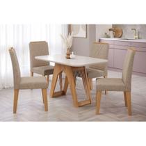 Conjunto: Mesa Sala Jantar Carol c/ Tampo Madeirado c/ Vidro 130cm + 4 Cadeiras Nicole Nature/Off White/Madeira/Bege - Cimol Conjunto: Mesa Sala Jantar Carol c/ Tampo Madeirado c/ Vidro 130cm + 4 Cadeiras Nicole Nature/Off White/Madeira/Bege - Cimol