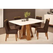 Conjunto: Mesa Sala Jantar Celeste c/ Tampo Madeirado c/ Vidro Curvo 120x90cm e 4 Cadeiras Bia Freijo/Off White - Suede Moca - DJ Móveis