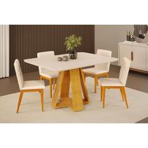 Conjunto: Mesa Sala Jantar Celeste c/ Tampo Madeirado c/ Vidro Curvo 120x90cm e 4 Cadeiras Sofia Cedro/Off White - Ipe/Linho Neve - DJ Móveis