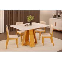 Conjunto: Mesa Sala Jantar Celeste c/ Tampo Madeirado c/ Vidro Curvo 120x90cm e 4 Cadeiras Talia Cedro/Off White - Suede Creme - DJ Móveis Conjunto: Mesa Sala Jantar Celeste c/ Tampo Madeirado c/ Vidro Curvo 120x90cm e 4 Cadeiras Talia Cedro/Off White - Suede Creme - DJ Móveis