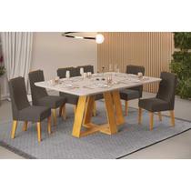 Conjunto: Mesa Sala Jantar Celeste c/ Tampo Madeirado c/ Vidro Curvo 160x90cm e 6 Cadeiras Jade Cedro/Off White - Suede Lunar - DJ Móveis Conjunto: Mesa Sala Jantar Celeste c/ Tampo Madeirado c/ Vidro Curvo 160x90cm e 6 Cadeiras Jade Cedro/Off White - Suede Lunar - DJ Móveis