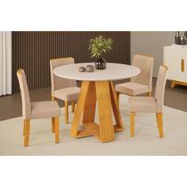 Conjunto: Mesa Sala Jantar Celeste c/ Tampo Madeirado c/ Vidro Redondo 103x103cm e 4 Cadeiras Zoe Cedro/Off White - Suede Creme - DJ Móveis Conjunto: Mesa Sala Jantar Celeste c/ Tampo Madeirado c/ Vidro Redondo 103x103cm e 4 Cadeiras Zoe Cedro/Off White - Suede Creme - DJ Móveis