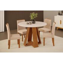 Conjunto: Mesa Sala Jantar Celeste c/ Tampo Madeirado c/ Vidro Redondo 103x103cm e 4 Cadeiras Zoe Freijo/Off White - Suede Creme - DJ Móveis Conjunto: Mesa Sala Jantar Celeste c/ Tampo Madeirado c/ Vidro Redondo 103x103cm e 4 Cadeiras Zoe Freijo/Off White - Suede Creme - DJ Móveis