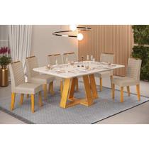 Conjunto: Mesa Sala Jantar Celeste c/ Tampo Madeirado c/ Vidro Retangular 160x90cm e 6 Cadeiras Julia Cedro/Off White - Suede Kraft - DJ Móveis Conjunto: Mesa Sala Jantar Celeste c/ Tampo Madeirado c/ Vidro Retangular 160x90cm e 6 Cadeiras Julia Cedro/Off White - Suede Kraft - DJ Móveis