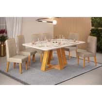 Conjunto: Mesa Sala Jantar Celeste c/ Tampo Madeirado c/ Vidro Retangular 160x90cm e 6 Cadeiras Lia Cedro/Off White - Suede Kraft - DJ Móveis Conjunto: Mesa Sala Jantar Celeste c/ Tampo Madeirado c/ Vidro Retangular 160x90cm e 6 Cadeiras Lia Cedro/Off White - Suede Kraft - DJ Móveis