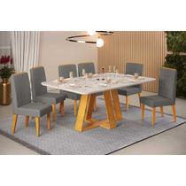Conjunto: Mesa Sala Jantar Celeste c/ Tampo Madeirado Retangular 170x90cm e 6 Cadeiras Lia Cedro/Quartzo - Suede Lunar - DJ Móveis Conjunto: Mesa Sala Jantar Celeste c/ Tampo Madeirado Retangular 170x90cm e 6 Cadeiras Lia Cedro/Quartzo - Suede Lunar - DJ Móveis
