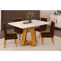 Conjunto: Mesa Sala Jantar Celeste Tampo Madeirado c/ Vidro Curvo 120x90cm e 4 Cadeiras Lia Cedro/Off White - Suede Moca - DJ Móveis