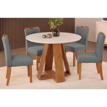 Conjunto: Mesa Sala Jantar Celeste Tampo Madeirado c/ Vidro Redondo 103x103cm e 4 Cadeiras Julia Freijo/Off White - Suede Lunar - DJ Móveis