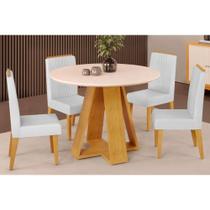 Conjunto: Mesa Sala Jantar Celeste Tampo Madeirado c/ Vidro Redondo 103x103cm e 4 Cadeiras Lia Cedro/Off White - Linho Neve - DJ Móveis Conjunto: Mesa Sala Jantar Celeste Tampo Madeirado c/ Vidro Redondo 103x103cm e 4 Cadeiras Lia Cedro/Off White - Linho Neve - DJ Móveis