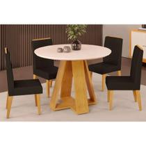 Conjunto: Mesa Sala Jantar Celeste Tampo Madeirado c/ Vidro Redondo 103x103cm e 4 Cadeiras Lia Cedro/Off White - Suede Moca - DJ Móveis Conjunto: Mesa Sala Jantar Celeste Tampo Madeirado c/ Vidro Redondo 103x103cm e 4 Cadeiras Lia Cedro/Off White - Suede Moca - DJ Móveis