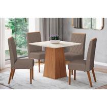 Conjunto: Mesa Sala Jantar Dora c/ Tampo Madeirado 90x90cm e 4 Cadeiras Nina Nature/Off White - Suede Marrom - Henn