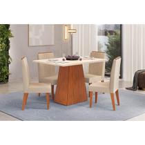Conjunto: Mesa Sala Jantar Dulce c/ Tampo Madeirado c/ Vidro Reto 120x90cm e 4 Cadeiras Lia Freijo/Off White - Linho Neve - DJ Móveis