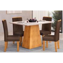 Conjunto: Mesa Sala Jantar Dulce Tampo Madeirado c/ Vidro Reto 120x90cm e 4 Cadeiras Zoe Cedro/Off White - Suede Moca - DJ Móveis