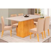 Conjunto: Mesa Sala Jantar Dulce Tampo Madeirado c/ Vidro Reto 180x90cm e 6 Cadeiras Lia Cedro/Off White - Suede Kraft - DJ Móveis Conjunto: Mesa Sala Jantar Dulce Tampo Madeirado c/ Vidro Reto 180x90cm e 6 Cadeiras Lia Cedro/Off White - Suede Kraft - DJ Móveis