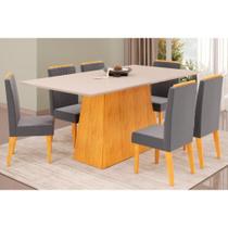 Conjunto: Mesa Sala Jantar Dulce Tampo Madeirado c/ Vidro Reto 180x90cm e 6 Cadeiras Lia Cedro/Off White - Suede Lunar - DJ Móveis Conjunto: Mesa Sala Jantar Dulce Tampo Madeirado c/ Vidro Reto 180x90cm e 6 Cadeiras Lia Cedro/Off White - Suede Lunar - DJ Móveis