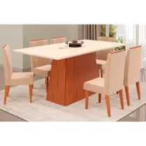 Conjunto: Mesa Sala Jantar Dulce Tampo Madeirado c/ Vidro Reto 180x90cm e 6 Cadeiras Lia Freijo/Off White - Suede Kraft - DJ Móveis Conjunto: Mesa Sala Jantar Dulce Tampo Madeirado c/ Vidro Reto 180x90cm e 6 Cadeiras Lia Freijo/Off White - Suede Kraft - DJ Móveis