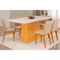 Conjunto: Mesa Sala Jantar Dulce Tampo Madeirado c/ Vidro Reto 180x90cm e 6 Cadeiras Sofia Cedro/Off White - Ipe/Suede Creme - DJ Móveis