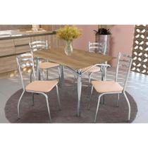 Conjunto: Mesa Sala Jantar Elba c/ Tampo de Madeira 136cm e 4 Cadeiras Portugal Cromada/Nogueira - Courano Bege - Kappesberg Conjunto: Mesa Sala Jantar Elba c/ Tampo de Madeira 136cm e 4 Cadeiras Portugal Cromada/Nogueira - Courano Bege - Kappesberg