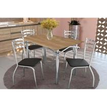 Conjunto: Mesa Sala Jantar Elba c/ Tampo de Madeira 136cm e 4 Cadeiras Portugal Cromada/Nogueira - Courano Preto - Kappesberg