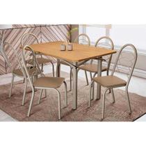 Conjunto: Mesa Sala Jantar Elba c/ Tampo de Madeira 136cm e 6 Cadeiras Holanda Niquel/Nogueira - Courano Capuccino - Kappesberg Conjunto: Mesa Sala Jantar Elba c/ Tampo de Madeira 136cm e 6 Cadeiras Holanda Niquel/Nogueira - Courano Capuccino - Kappesberg