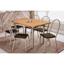 Conjunto: Mesa Sala Jantar Elba c/ Tampo de Madeira 136cm e 6 Cadeiras Holanda Niquel/Nogueira - Courano Marrom - Kappesberg Conjunto: Mesa Sala Jantar Elba c/ Tampo de Madeira 136cm e 6 Cadeiras Holanda Niquel/Nogueira - Courano Marrom - Kappesberg