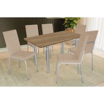 Conjunto: Mesa Sala Jantar Elba c/ Tampo de Madeira 160cm e 6 Cadeiras Amsterdã Cromada/Nogueira - Courano Bege - Kappesberg Conjunto: Mesa Sala Jantar Elba c/ Tampo de Madeira 160cm e 6 Cadeiras Amsterdã Cromada/Nogueira - Courano Bege - Kappesberg
